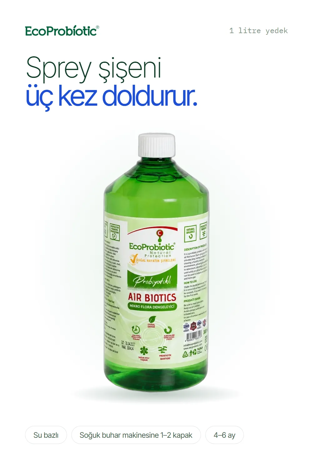Air Biotics 1 litre yedek: sprey şişesini üç kez doldurur